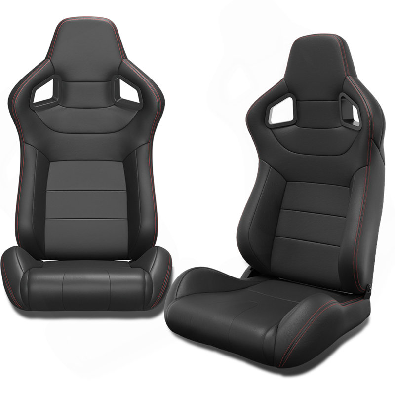 2PC Universal Bucket Racing Seats Stitch Red PVC Leather Reclinable Carbon Look Leather Back With Adjustor Slider(Not Including Seat Bracket ) 1 Box Of 2 Pieces