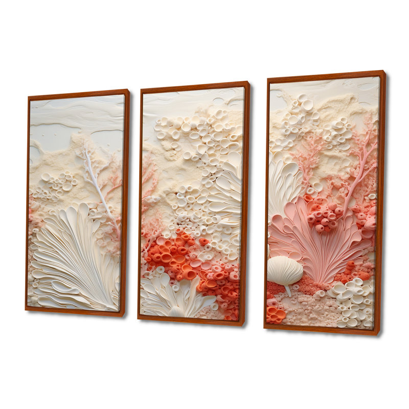 Puga - Ensemble d'art mural en toile corail sous l'eau, H 40 po x l 60 po x P 1 po, Cadre flottant brun