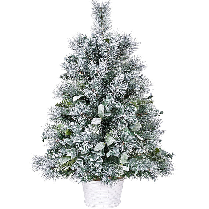 Arbre de Noël de table 2 pi avec accents d'eucalyptus et aiguilles de pin, 68 pointes, mini arbre artificiel légèrement floqué avec base en ciment plastique, petite décoration des Fêtes pour bureau, table et manteau de cheminée