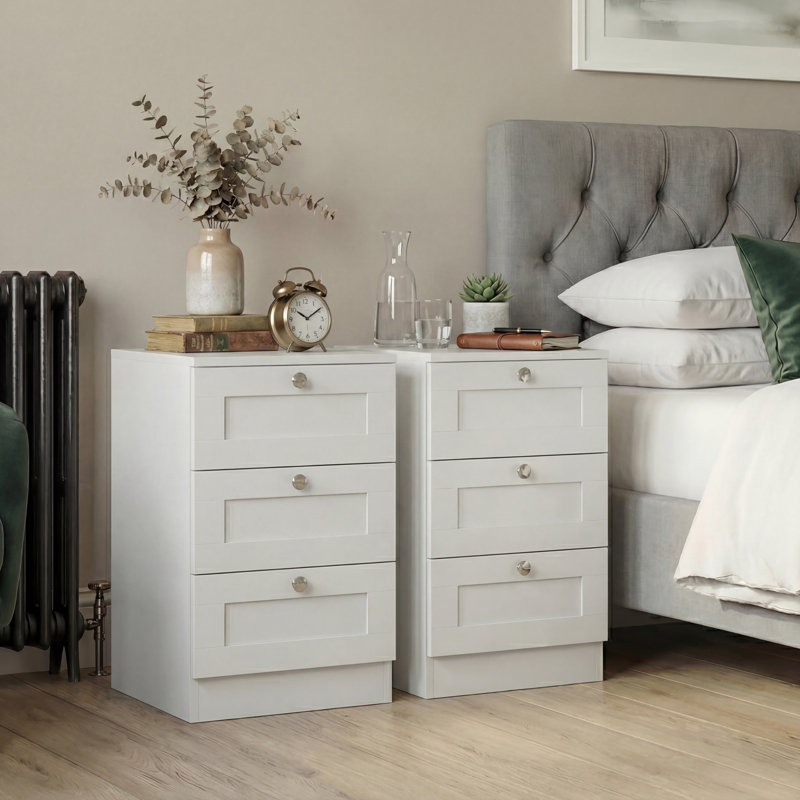 Altino 3 Drawer Set Of 2 Bedside Table Compact Nightstand Storage Cabinet Modern Bedroom Side Table, White