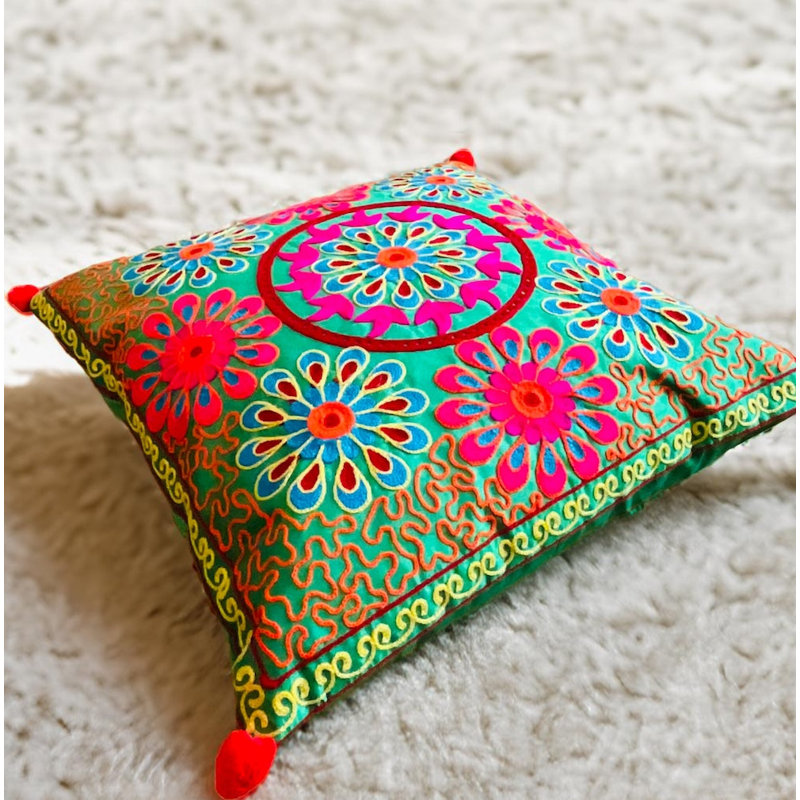 Handmade Embroidered Multi Colour Bohemian Vibrant 40 cm x 40 cm Cushion Covers Three Designs, Green
