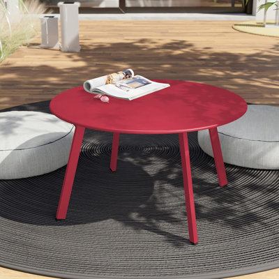 Round Steel Patio Coffee Table, Weather Resistant Outdoor Accent Table, Large Side Table For Patio Balcony Yard, Red