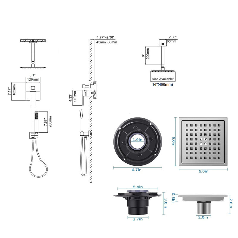 Système de douche complet avec valve brute, Nickel brossé