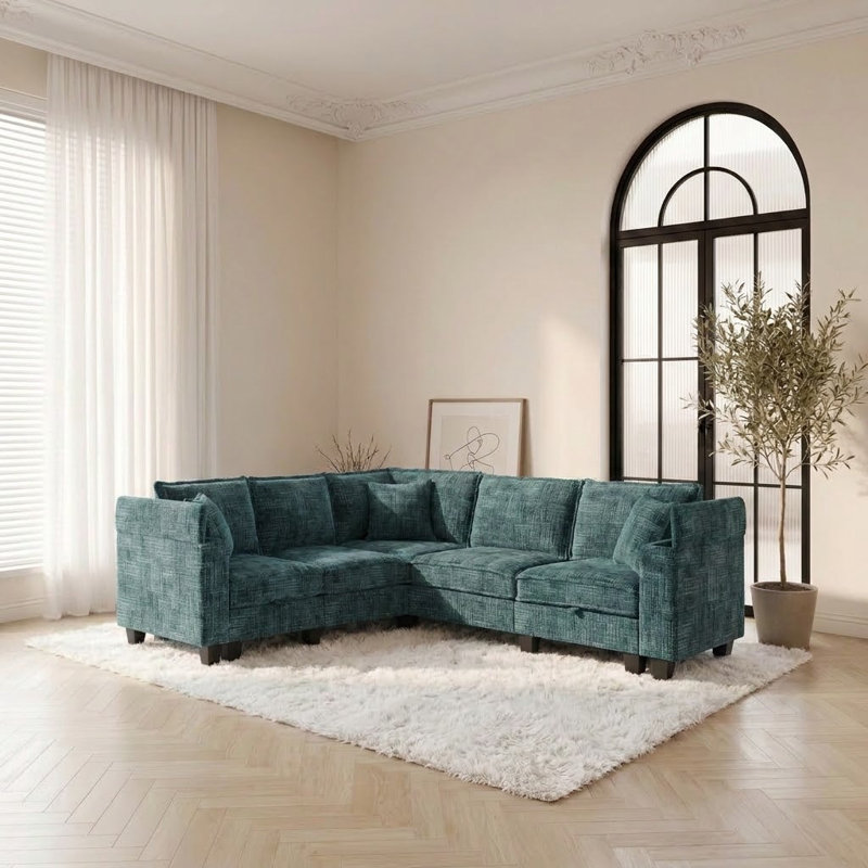 Canapé d'angle en L de 226 cm, canapé 5 places avec accoudoirs et rangement dissimulés, canapé d'angle confortable en chenille effet nuage avec 3 coussins, canapé moderne à assise profonde pour salon, vert