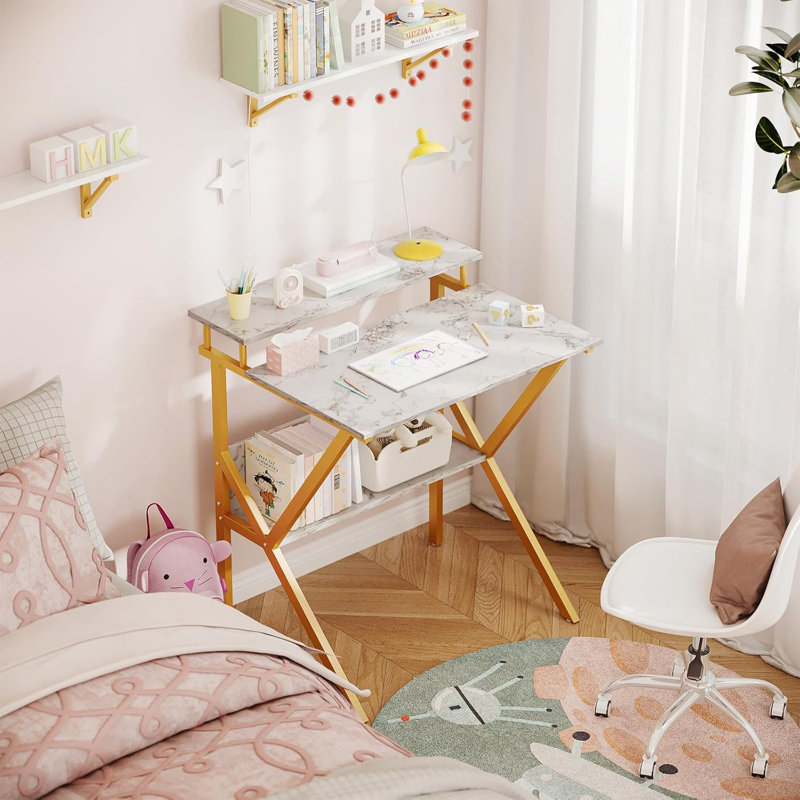 Small Desk, 27.5 Inch Small Computer Desk For Small Spaces, Compact Desk With Storage, Tiny Desk Study Desk With Monitor Stand For Home Office, White Marble + Gold Leg
