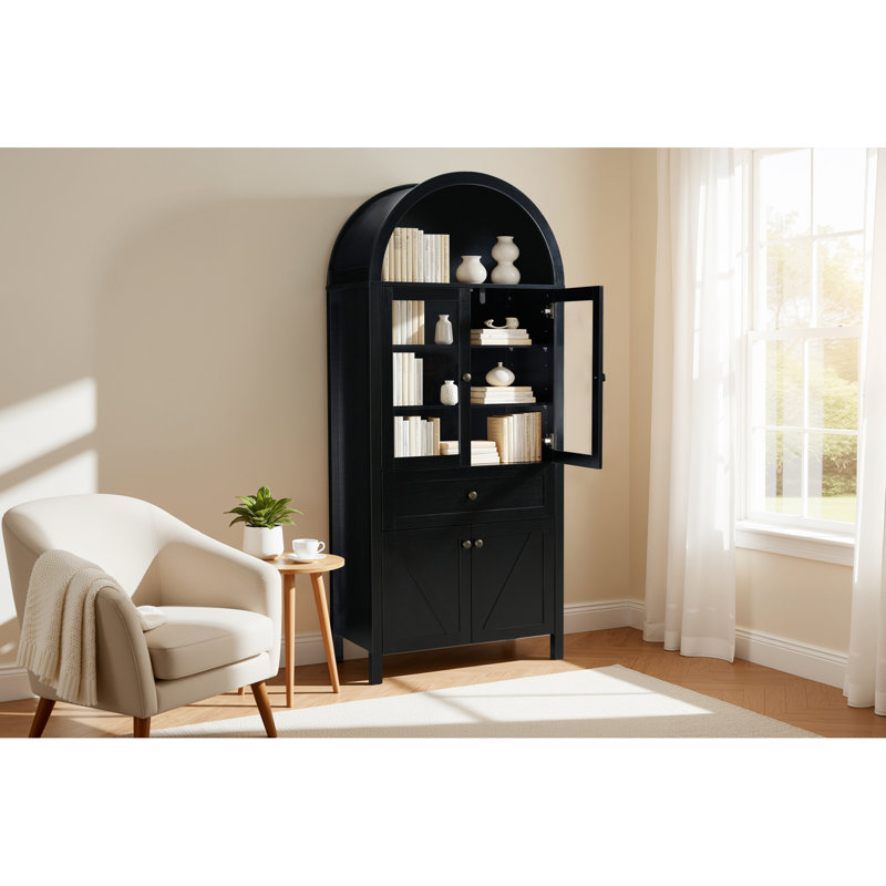 Spacious Black Wood China Cabinets With Retro Arch Design For Dining Room