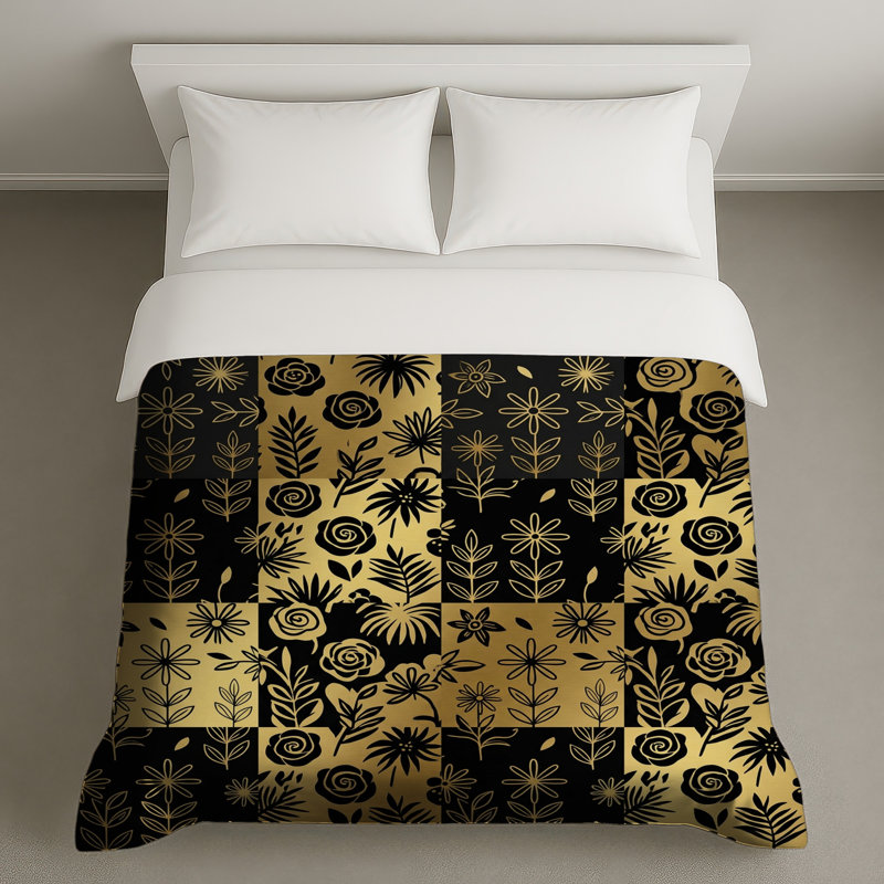 Housses de couette à motif floral doré et noir, Très grand lit