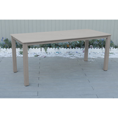 A Wooden-Textured Imitation Wood Dining Table, Simple Yet With A High Quality Feel. It Has A Small Tabletop And Is For Outdoor Picnics. Light Gray Color, 68.9 Inches Long.