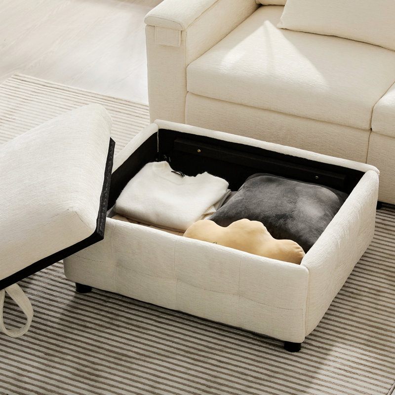 Canapé-lit modulaire escamotable avec panneau rabattable, canapé rembourré avec ports de chargement et repose-pieds avec rangement
