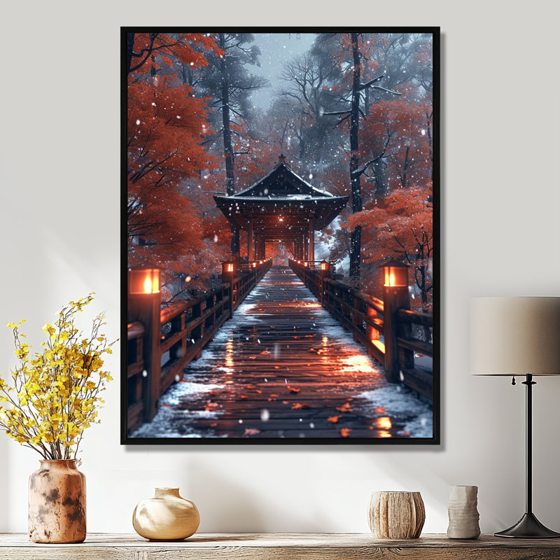 Automne, sentier vers un refuge asiatique - paysage, art mural, H 20 po x l 12 po x P 1 po, Toile avec cadre flottant noir