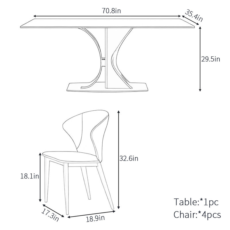High-end simple rectangular dining table set, 29.5"H x 70.8"L x 35.4"W