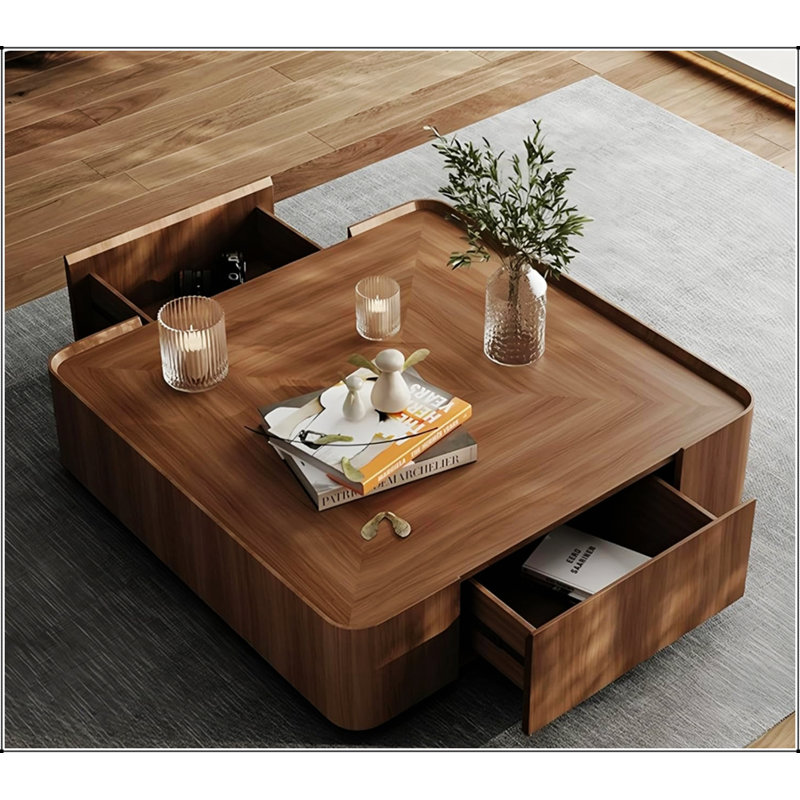 Table basse de luxe en bois avec tiroir caché, table centrale carrée facile à installer pour le salon, conception à rebords surélevés, finition noyer de qualité supérieure