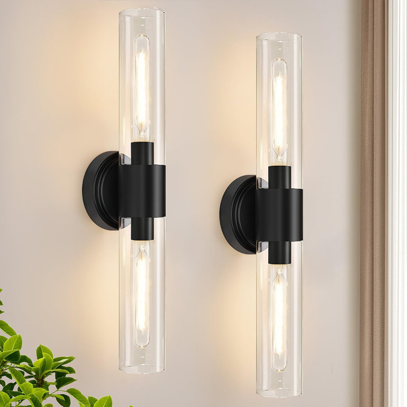 Set of 2 Wall Sconces, Hardwired Modern Clear Glass Wall Lighting for Bathroom Mirror, Bedroom, Living Room & Hallway