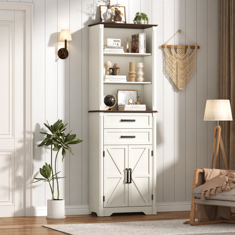 Farmhouse Tall Bathroom Storage Cabinet, Towel Storage Cabinet With 2 Drawers & Barn Doors, Roman Column Decor, Bathroom Cabinets Freestanding