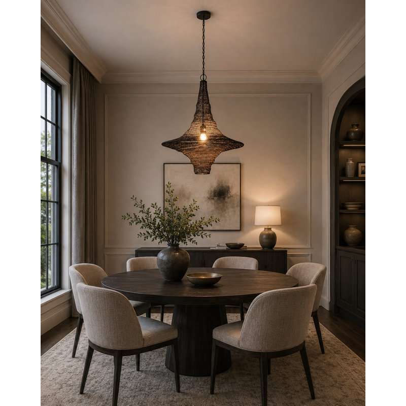 Luminaire suspendu 1 lumière noir satiné avec panier à chaîne, H 89 po x l 24 po x P 24 po, Noir satiné