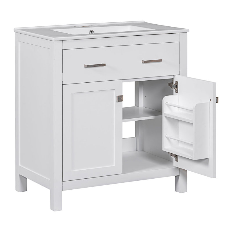 Meuble-lavabo avec lavabo en céramique, armoire de salle de bain simple moderne avec 2 portes et une tablette