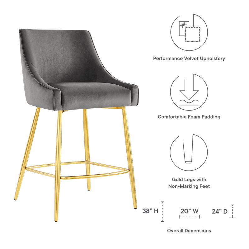 Discern Upholstered Velvet Counter Stool with Stainless Steel Frame, Gray, Bar Stool (29.5" Seat Height)