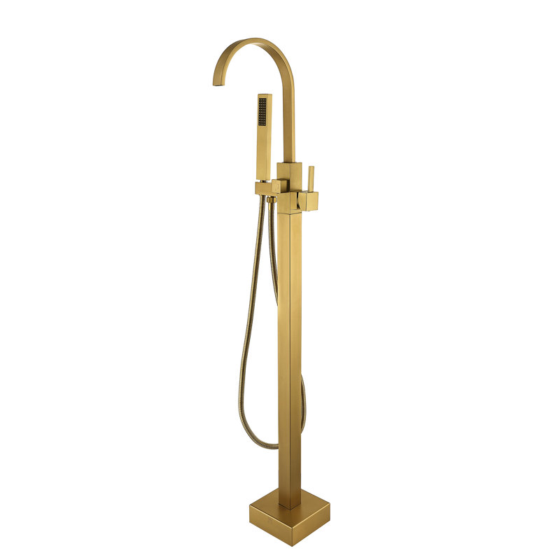 Robinet de baignoire autoportant doré avec douche à main portative - Fabrication en métal élégant, métal brossé