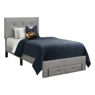 Bed, Twin Size, Platform Bed, Upholstered, Juvenile, Storage Drawers, Frame Only, Bedroom, Grey Linen Look, Transitional