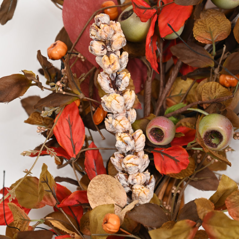 Couronne de porte artificielle 24 po avec récolte de bourgeons d'automne et baies décoratives