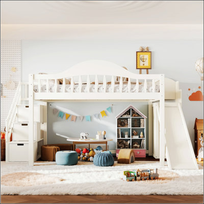 Lit mezzanine double avec escalier de rangement, glissade et garde-robe intégrée, garde-corps haut élégant, cadre de lit mezzanine en bois pour la chambre à coucher, les dortoirs, les invités. Beige