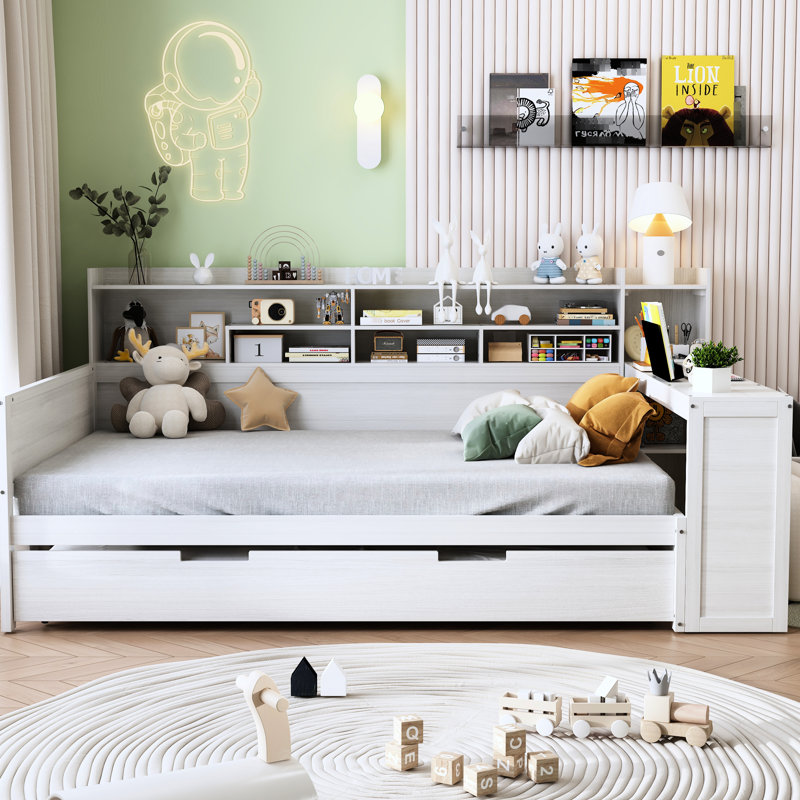 Lit de jour blanc antique avec options de rangement, lit gigogne simple, rangement pour bureau pleine grandeur, bois, lit gigogne et zone d'étude