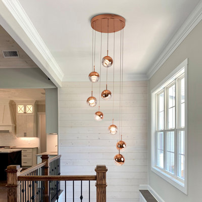 Modern 8-light Rose Gold Cascading Chandelier With Dimmable Integrated Led, 45° Adjustable Globe Caps, 118" Extra Long Cord For High Ceilings, Cascade Cluster Pendant Light  For High Ceiling Foyer, Dining Room, Stairwell