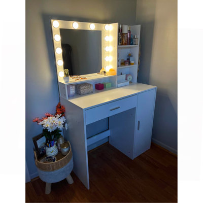 Bureau de coiffeuse avec miroir et lumière, commode de rangement à trois niveaux avec grand tiroir, 3 modes d'éclairage à luminosité réglable, coiffeuse de chambre à coucher (rose)