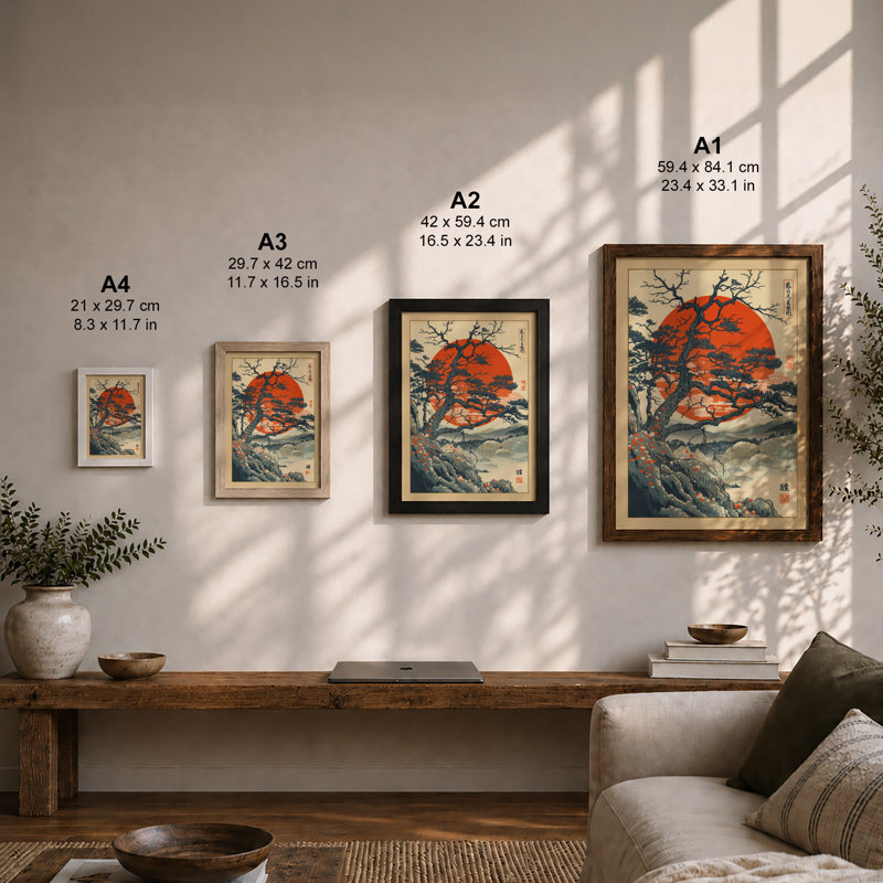 Ancient Tree At Sunrise Japandi - Print, A2 - 59.4 x 42.0 cm, Black