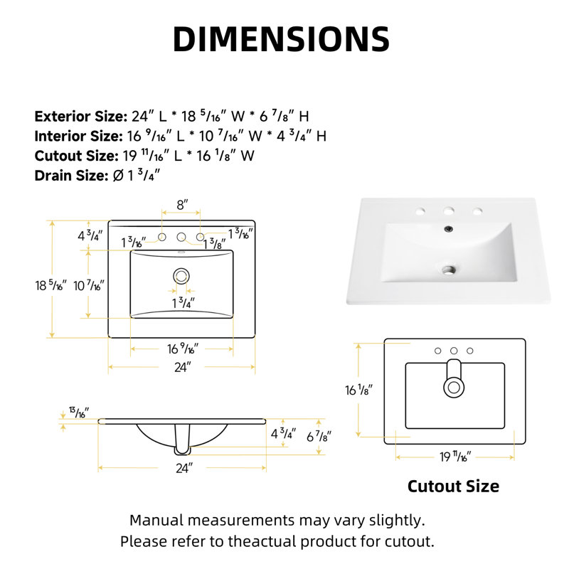 Los Flexi White Drop In Bathroom Sink Ceramic Rectangular with Faucet Hole & Overflow, 24.02" L x 18.31" W x 6.89" H