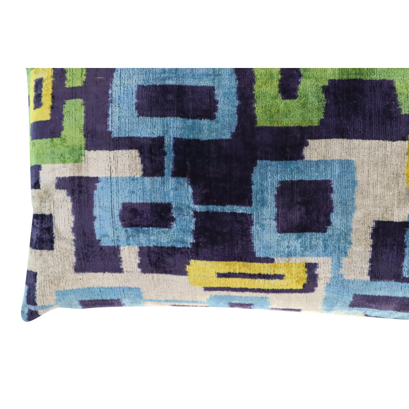 Velvet Lumbar Pillow Cover & Insert, Blue/Green/Yellow Geometric 1