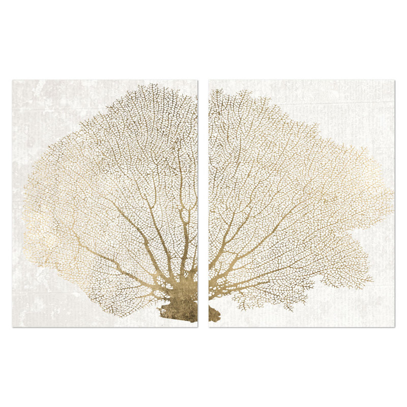 «Gold Coral Fan Diptych Nautical and Coastal», impression sur toile tendue 2 pièces, H 30 po x l 22 po x P 1,5 po