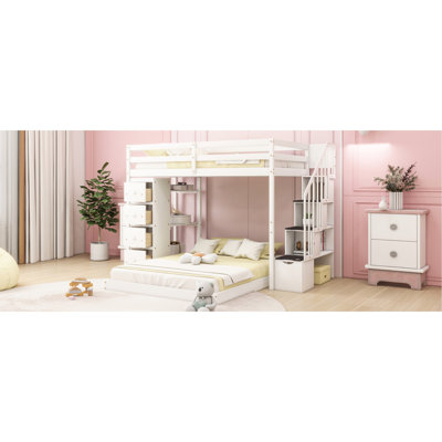 Lit superposé simple au-dessus de double blanc pour l'organisation de la chambre à coucher - équipé de tablettes à 3 couches, de tiroirs et de rangements fonctionnels dans les escaliers