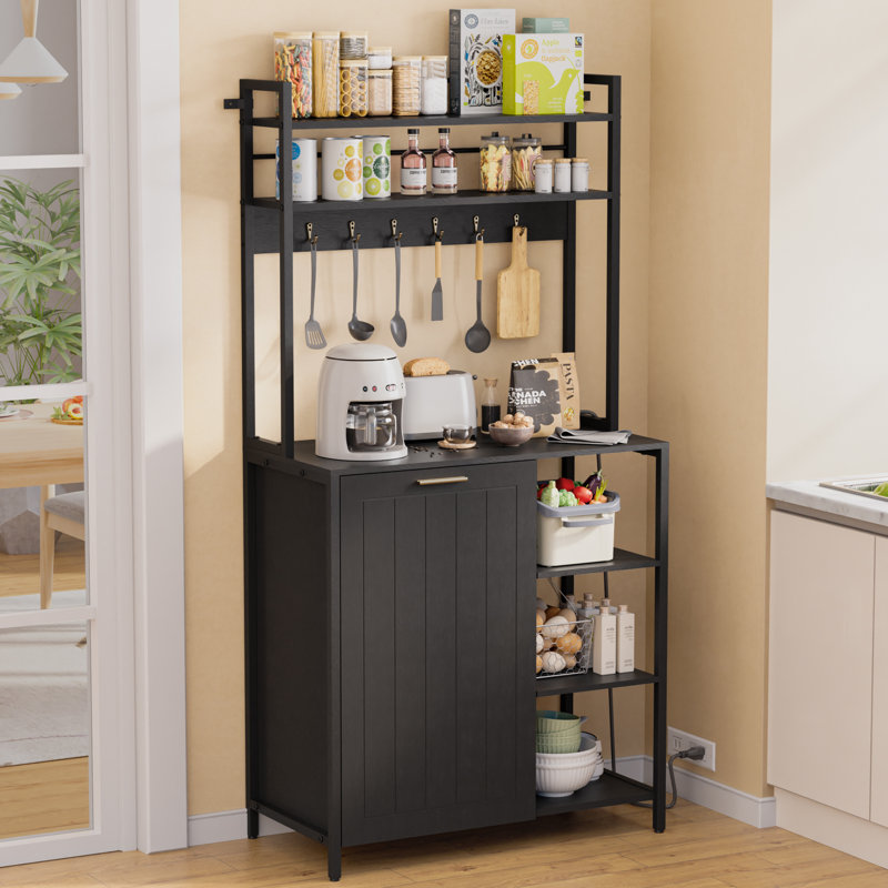 Kitchen Bakers Rack with Power Outlets, Microwave Oven Organizer with Tilt Out Trash Can Cabinet Storage Shelf 6 Tiers, Black