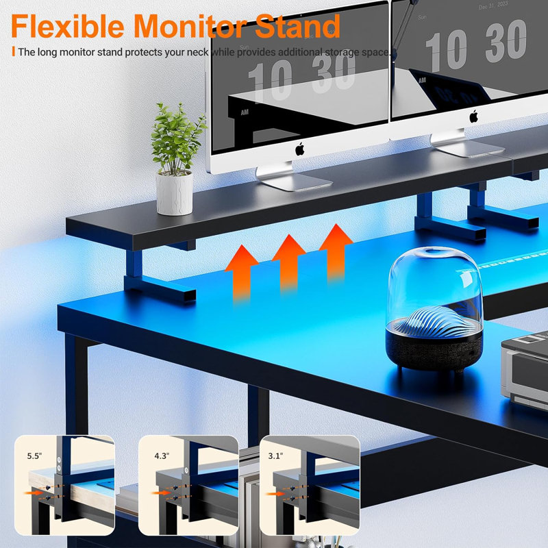 Winstonn 70'' U-Shaped Reversible Computer Desk with Height Adjustable Monitor Stand, Black