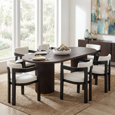 Ensemble de table de salle à manger 6 personnes Lyddia avec chaises rembourrées et base à double caisson cannelé