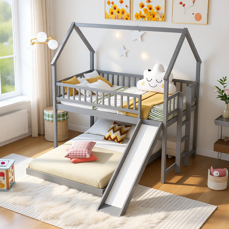 Twin over Full House Bunk Bed with Slide and Built-in Ladder, Solid Wood Frame, Gray