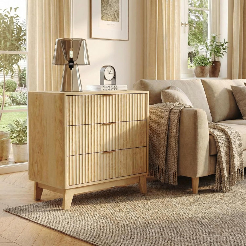 Fluted 3 Drawer Nightstand Modern Wooden Bedside Table Dresser Storage Cabinet for Bedroom