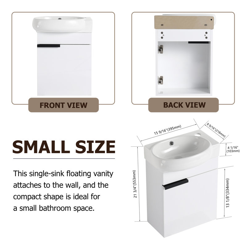 Meuble-lavabo simple avec plateau Hadyn 16,8 po, Blanc lustré