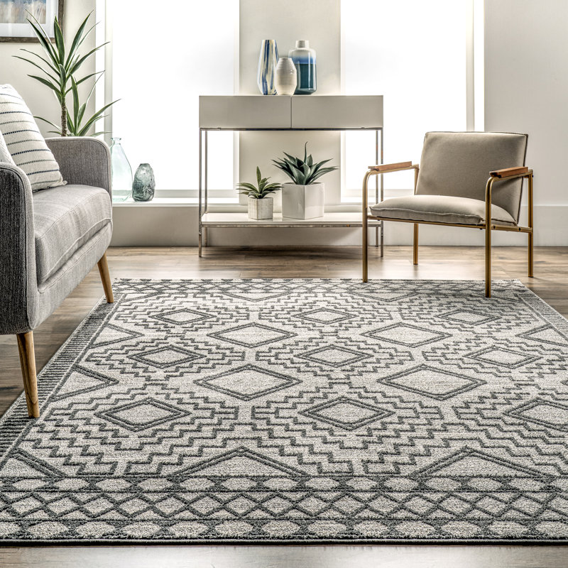 Tapis marocain Akihisa pour le salon, la chambre et la salle à manger, gris / ivoire, Rectangle 8 pi x 10 pi