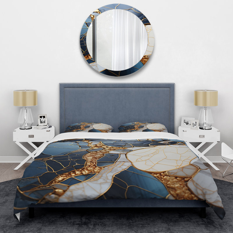Ensemble de housse de couette or et bleu, Housse de couette simple + 1 taie décorative stan