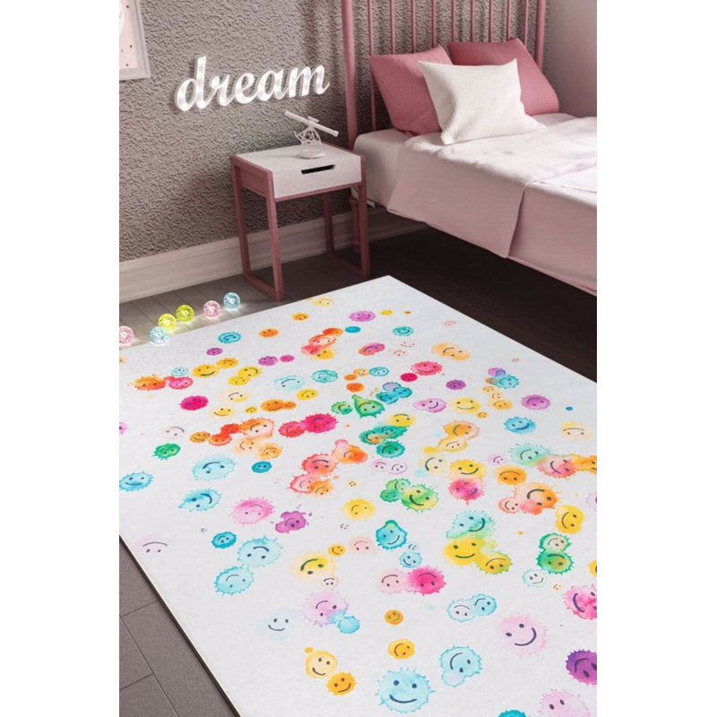 Tapis décoratif coloré à motif de visages souriants pour enfants, Rectangle 3 pi 10 po x 5 pi 3 po