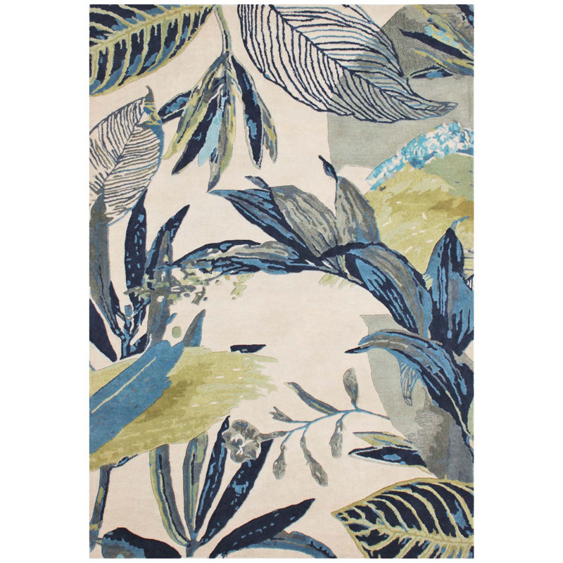 Tapis bleu / ivoire en laine touffeté à la main Jerad, Rectangle 3 pi 6 po x 5 pi 6 po