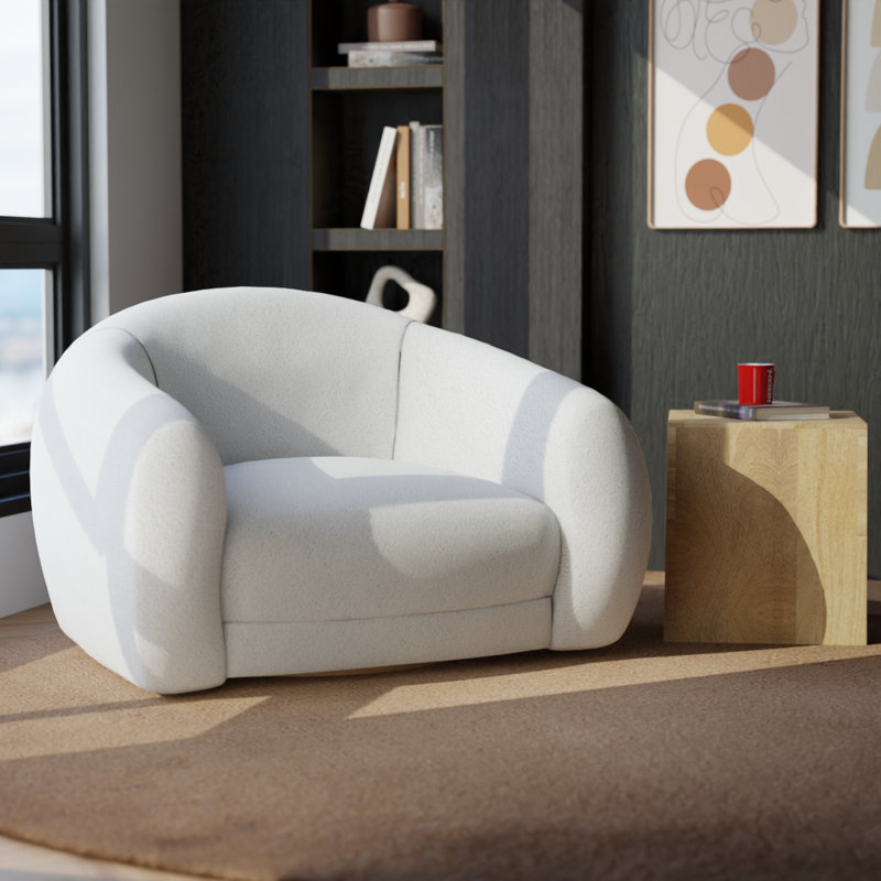 Oversized Swivel Accent Chair – 39″ Wide Ivory Cream Upholstery, 360° Swivel, Modern Barrel Chair for Living Room