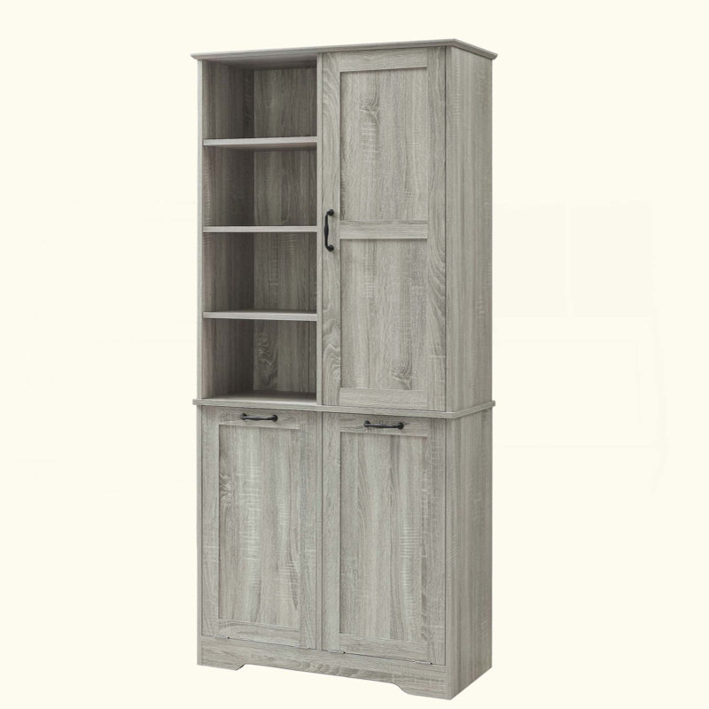 Armoire de rangement pour salle de bain avec portes et tiroirs, panier à linge inclinable, plusieurs espaces de rangement, style autoportant, tablette ouverte, tablette réglable