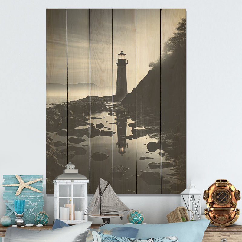 Phare, paysage de mimalisme - Art mural en bois sur bois de pin naturel, H 20 po x l 10 po