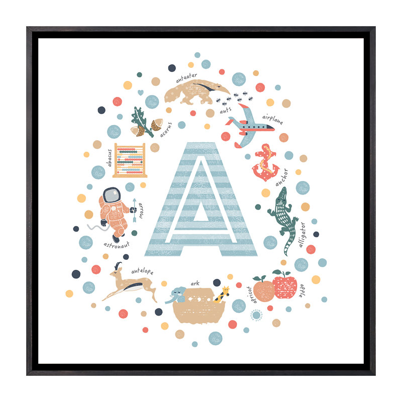Lettre illustrée A bleue - impression, Pas de tapis, Toile avec cadre noir patiné, H 26 po x l 26 po x P 1,5 po