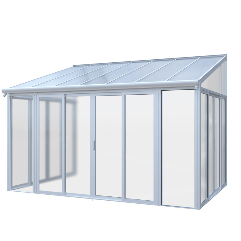 Housse de patio fermée de 10 pi x 14 pi avec 3 portes coulissantes verrouillables, véranda toutes saisons avec structure en alliage d'aluminium, toit en polycarbonate et système de panneaux muraux d'endurance en PC massif pour terrasse de jardin