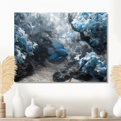 Art mural bleu et gris, oasis de poisson II - aquariums, salon