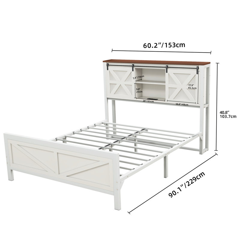 Farmhouse Platform Storage Bed with Bookcase Headboard and Built-In Charging Station, White, Queen